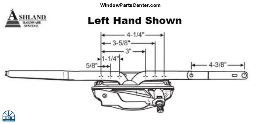 C2000 Ashland Optima Dual Arm Casement Window Operator Known Part Number: 1491-120B / 1491-220B on housing, S-1491-165 / S1491-265 on dyad arm, S-1491-160 / S-1491-260 on straight arm, W1491-100