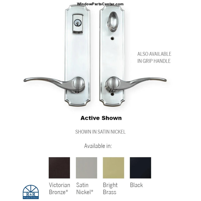 Known W&F old handle set Pat No. 4,671,089 stamped on back of trim plate. Current Product U.S. Pat No: 5,857,291; 6,491,326; 7,753,418; 8,182,002. Current Product Canada Pat. No: 2,562,430; 2,605,002