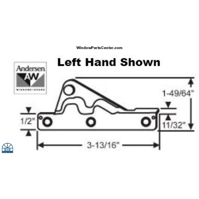 S1056 Andersen Sash Bracket for Classic Dyad Split Arm Operator. Part Number 750-1361409, 750-1361408, 750-1361411, 750-1361410,  Known Part Number: 1361408 R, GO B, 750-1361408, 1361409 L, 750-1361409