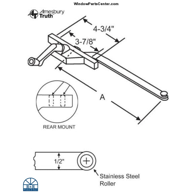 S1064 - Amesbury Truth Single Arm Casement Operator - Rear Mount. Part number S1064, S36-388-9, 36-439-3, 36-440-3, 36-339-936-444-3.