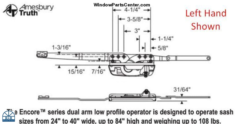 S1067 Amesbury Truth Encore Casement Dual Arm Low Profile Operator Left Window Parts