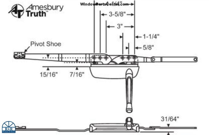 S1067 Amesbury Truth Maxim DLX Casement Dual Arm Low Profile Operator. Part number 36-464-3 and 36-465-3