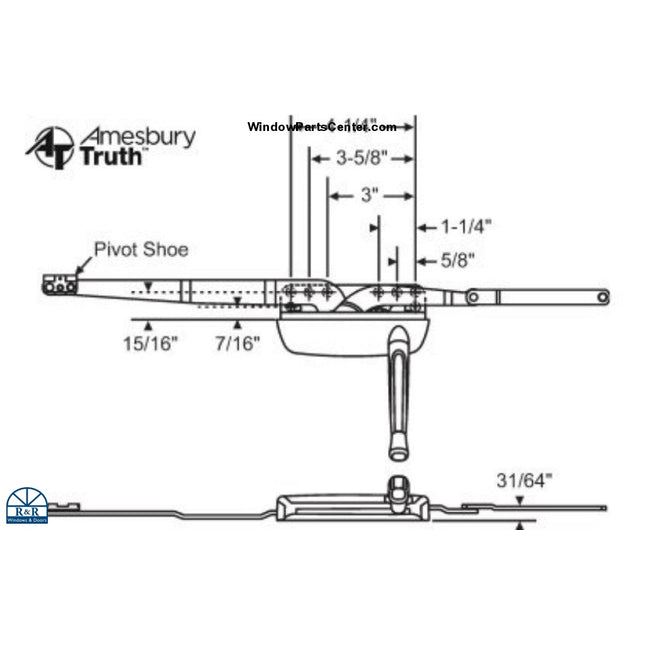 S1067 Amesbury Truth Maxim DLX Casement Dual Arm Low Profile Operator. Part number 36-464-3 and 36-465-3