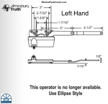 S1068 Amesbury Truth Casement Dyad Operator Link Offset Up 7/16 Inch. known part numbers that are stamped on the operators: Truth, 30905, 45251