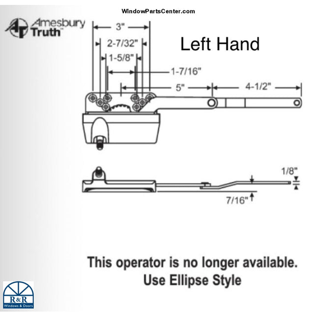 S1068 Amesbury Truth Casement Dyad Operator Link Offset Up 7/16 Inch. known part numbers that are stamped on the operators: Truth, 30905, 45251