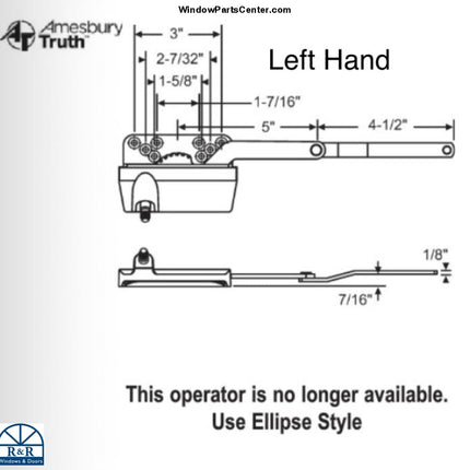 S1068 Amesbury Truth Casement Dyad Operator Link Offset Up 7/16 Inch. known part numbers that are stamped on the operators: Truth, 30905, 45251