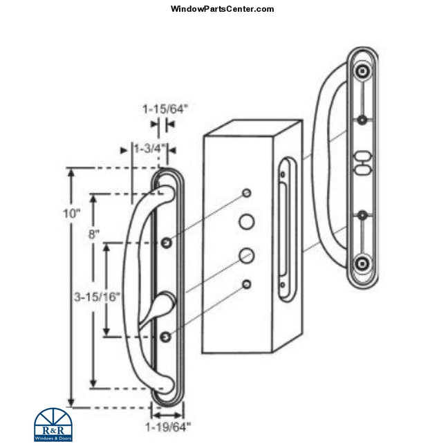 amesbury truth olympus sliding patio door handle set with offset latch - letters JW stamped on handle. Jeld-Wen sliding door handle set