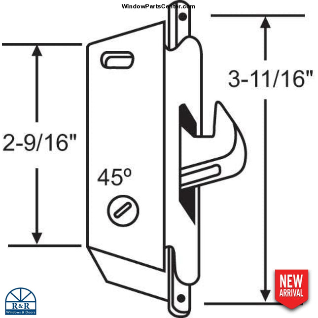 S3021 - MORTISE LOCK ROUND 45-DEGREE WITH HOOK OUT PDH 21 - Replacement Style for Adams Rite Latch Pella patio door latch