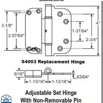 Hoppe 2-D Vertical Adjustable Door Hinge - Set Hinge Non Handed part number S4003. Replacement Hinge for part number S4001