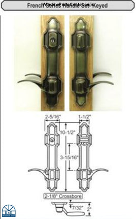W&F French Series Handle Set -5 1/2"  center to center bore  The Normandy Stamped On The Back of Face plate: PAT. NO. 4,671,089 - DES. 297,805 - 1200-68 - OTHER PAT. PEND. On latch PAT No. 4,671,089 and on dead bolt PAT NO: 4,741,089. Part Number 1200-3-1044, 8000-15-0, 55-226AB